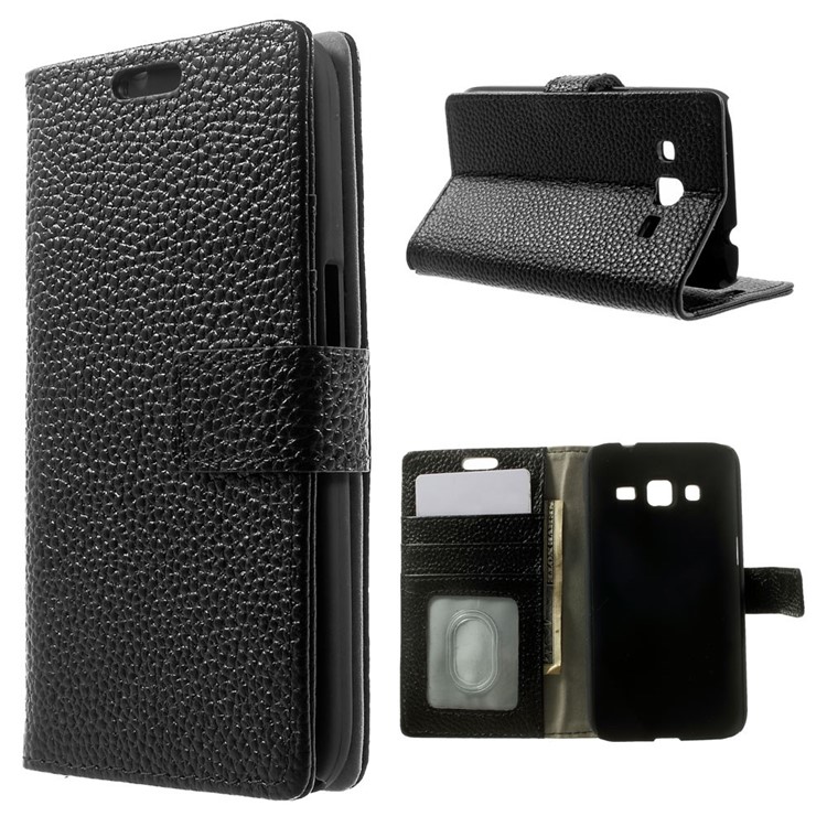 Genuine Full Grain Litchi Skin Wallet Leather Stand Case for Samsung Galaxy Core Prime SM-G360 - Black-1