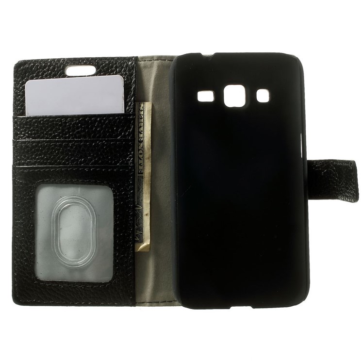 Genuine Full Grain Litchi Skin Wallet Leather Stand Case for Samsung Galaxy Core Prime SM-G360 - Black-4