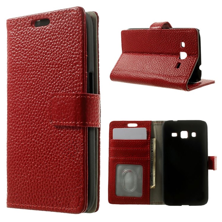 Genuine Full Grain Litchi Skin Leather Magnetic Case w/ Stand for Samsung Galaxy Core Prime SM-G360 - Red-1
