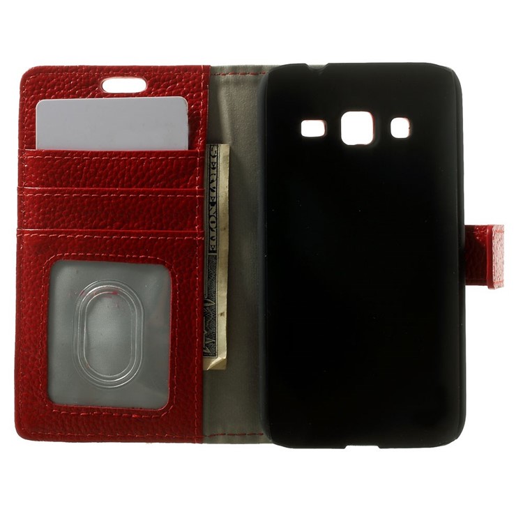 Genuine Full Grain Litchi Skin Leather Magnetic Case w/ Stand for Samsung Galaxy Core Prime SM-G360 - Red-4