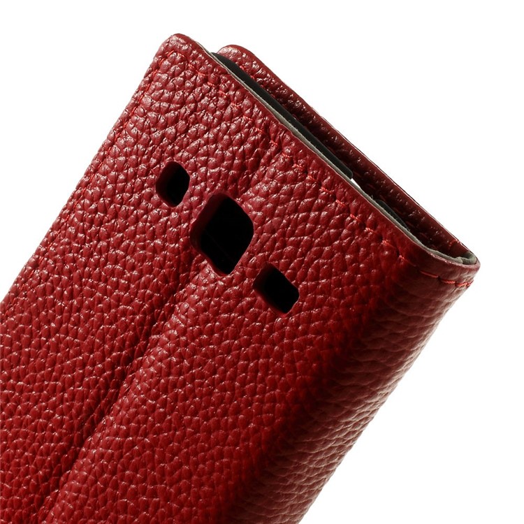 Genuine Full Grain Litchi Skin Leather Magnetic Case w/ Stand for Samsung Galaxy Core Prime SM-G360 - Red-6