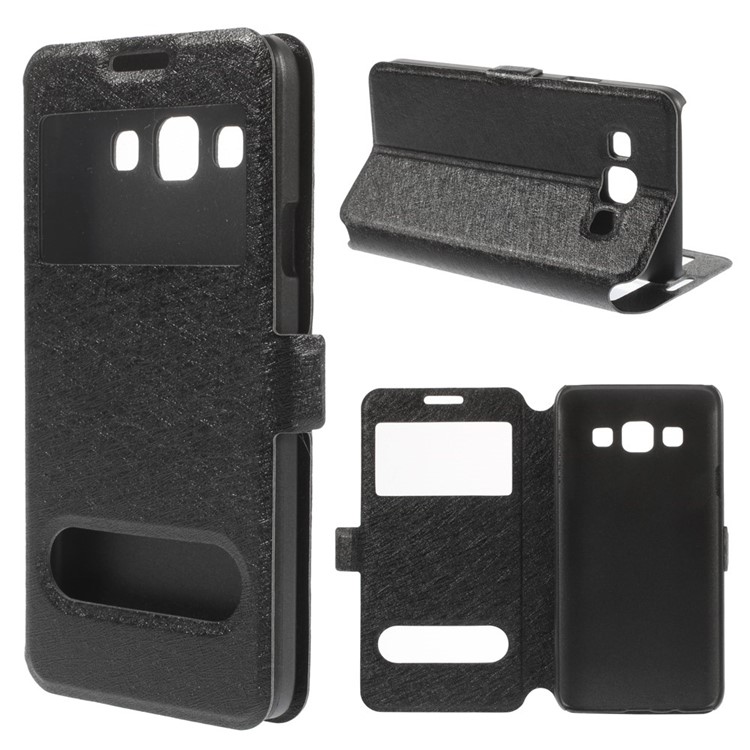 Silk Texture Dual View Windows Folio Leather Stand Case for Samsung Galaxy A3 SM-A300F - Black-1