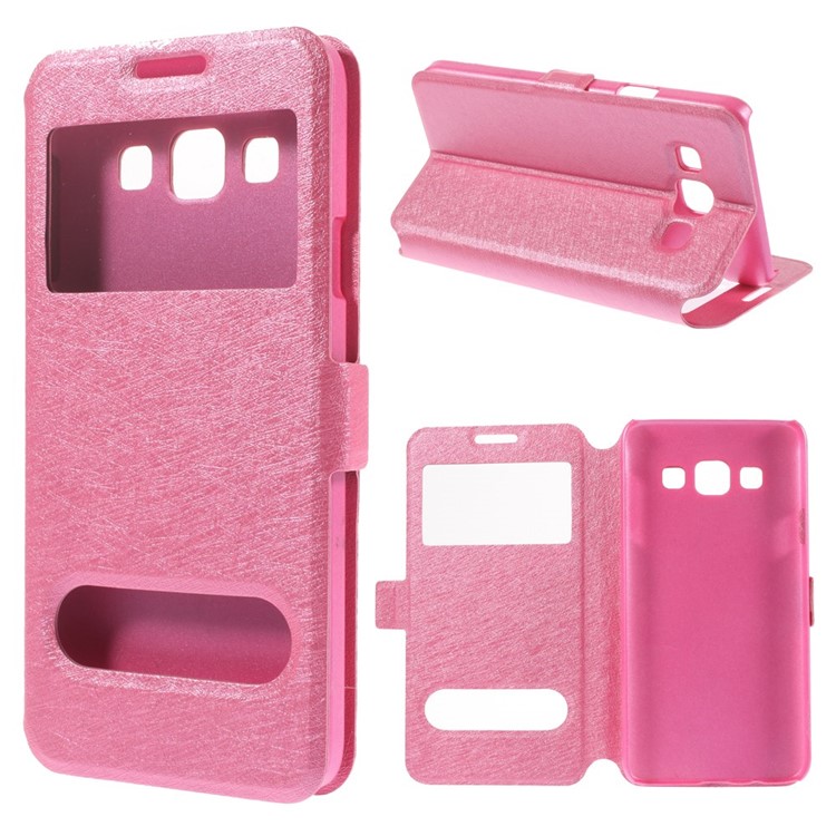 Silk Texture Dual View Windows Leather Magnetic Case w/ Stand for Samsung Galaxy A3 SM-A300F - Rose-1