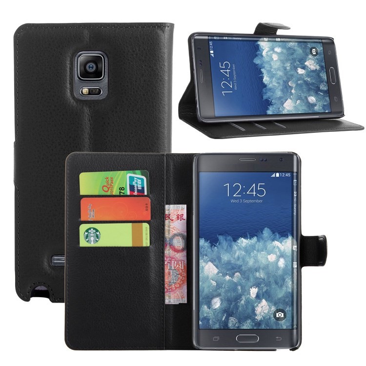 Litchi Skin Wallet Leather Stand Case for Samsung Galaxy Note Edge SM-N915A SM-N915V - Black-3
