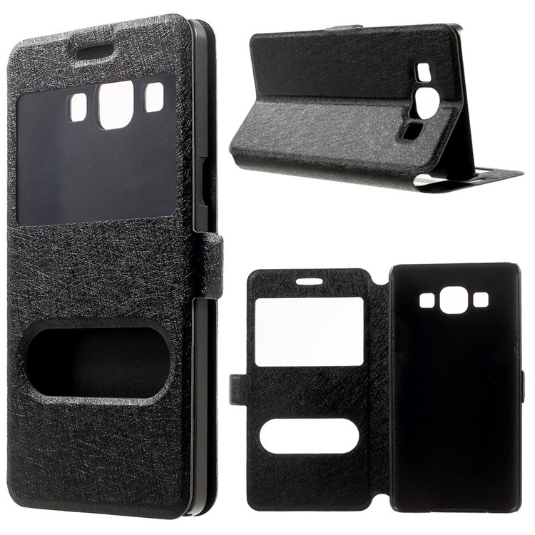 Dual-window Silk Leather Bracket Case for Samsung Galaxy A5 SM-A500F - Black-1