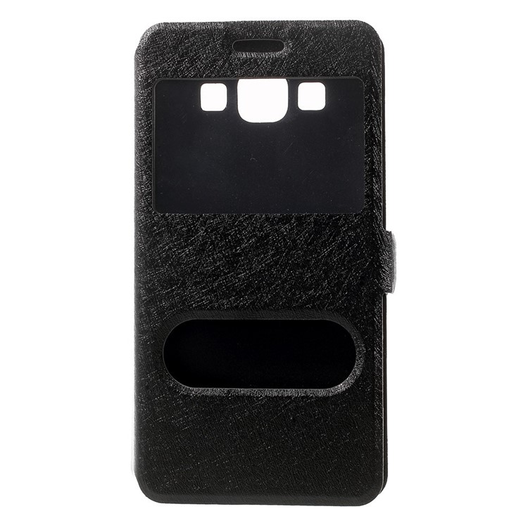 Dual-window Silk Leather Bracket Case for Samsung Galaxy A5 SM-A500F - Black-2