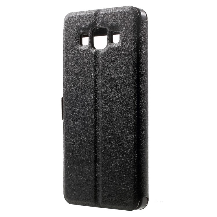 Dual-window Silk Leather Bracket Case for Samsung Galaxy A5 SM-A500F - Black-3
