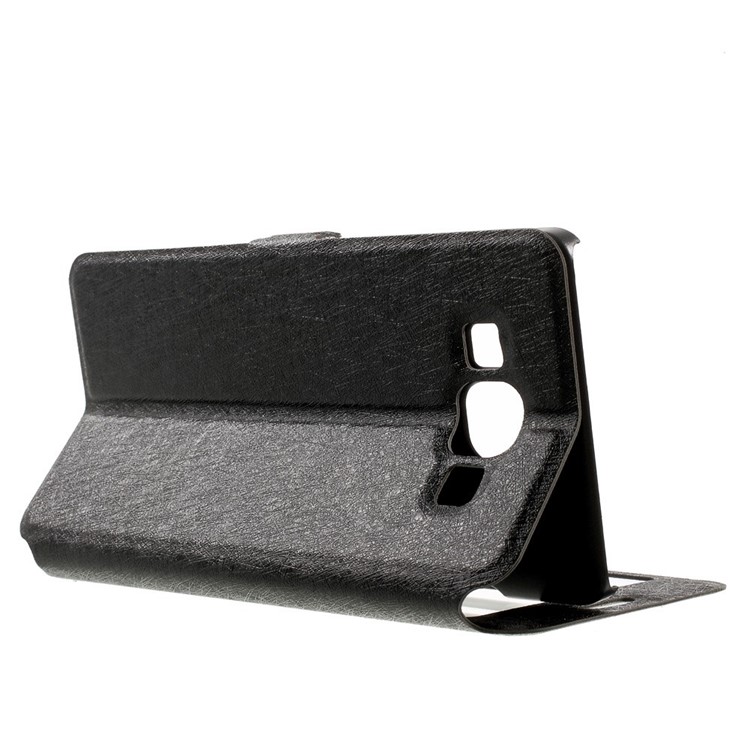 Dual-window Silk Leather Bracket Case for Samsung Galaxy A5 SM-A500F - Black-4