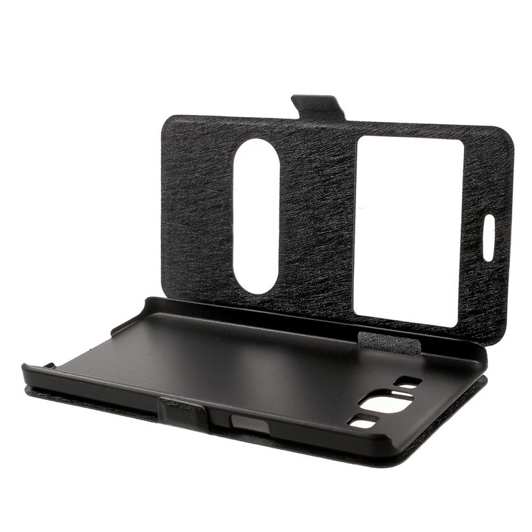 Dual-window Silk Leather Bracket Case for Samsung Galaxy A5 SM-A500F - Black-6