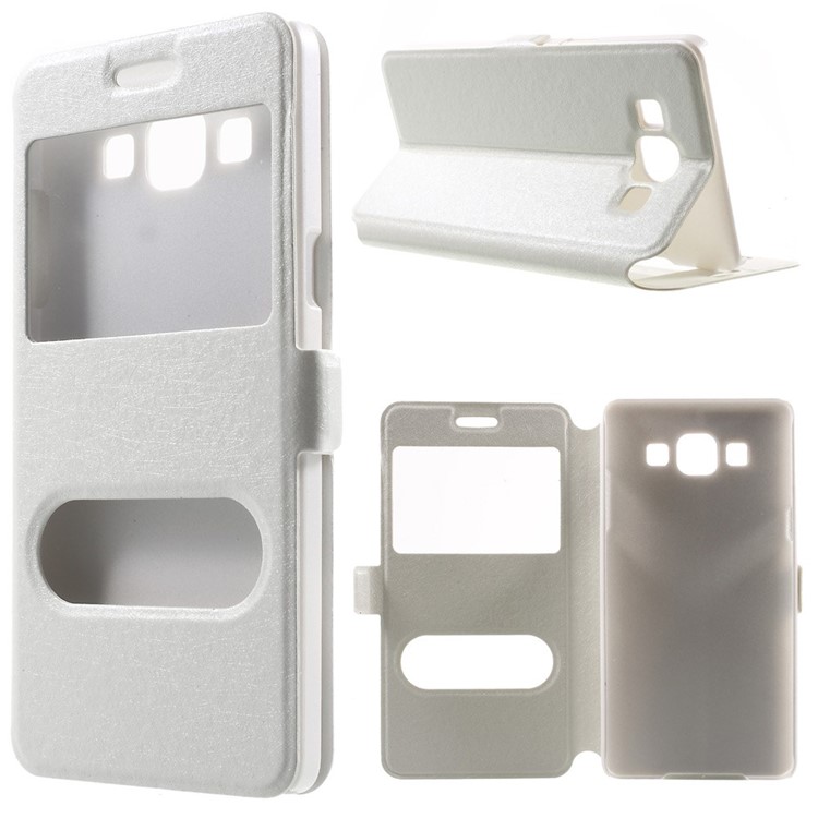 Dual-window Silk Leather Bracket Case for Samsung Galaxy A5 SM-A500F - White-1