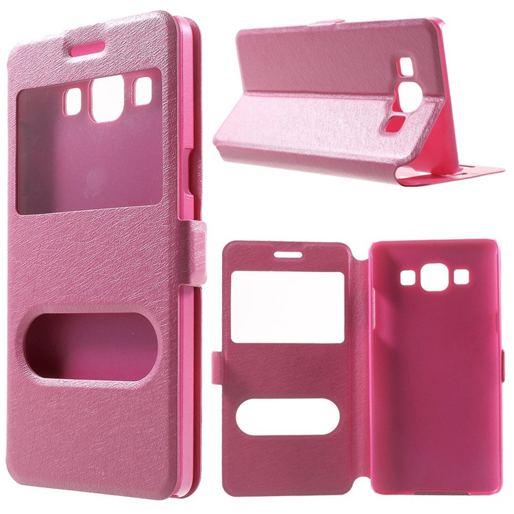 Dual-window Silk Leather Bracket Case for Samsung Galaxy A5 SM-A500F - Rose-1