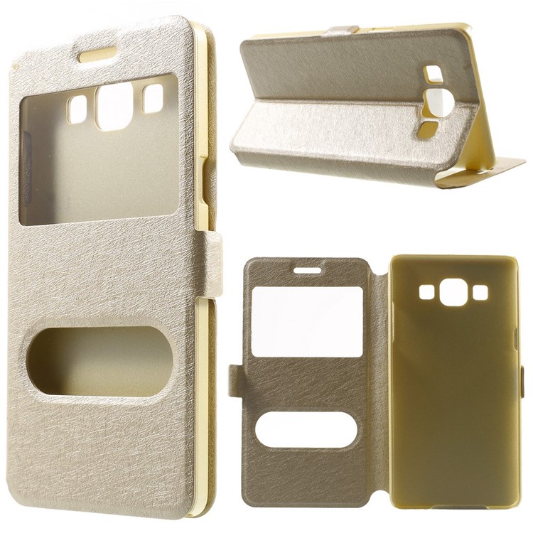 For Samsung Galaxy A5 SM-A500F Dual-window Silk Leather Bracket Cover - Champagne-1