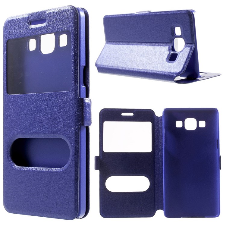 For Samsung Galaxy A5 SM-A500F Dual-window Silk Leather Bracket Cover - Blue-1