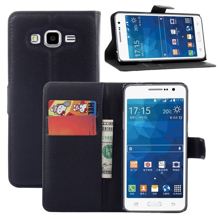 Lychee Skin Leather Wallet Stand Case for Samsung Galaxy Grand Prime SM-G530H - Black-2