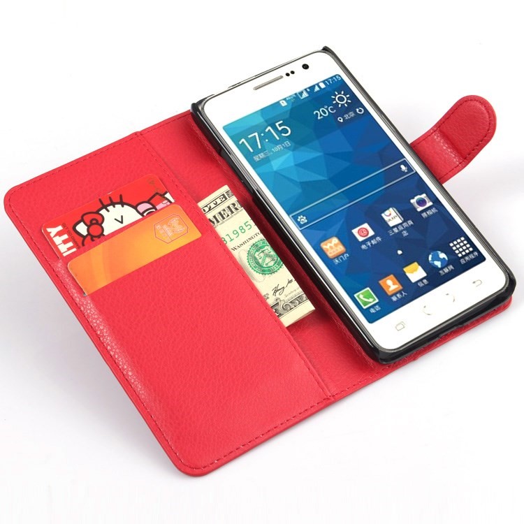 Lychee Skin for Samsung Galaxy Grand Prime SM-G530H Leather Wallet Stand Cover - Red-2