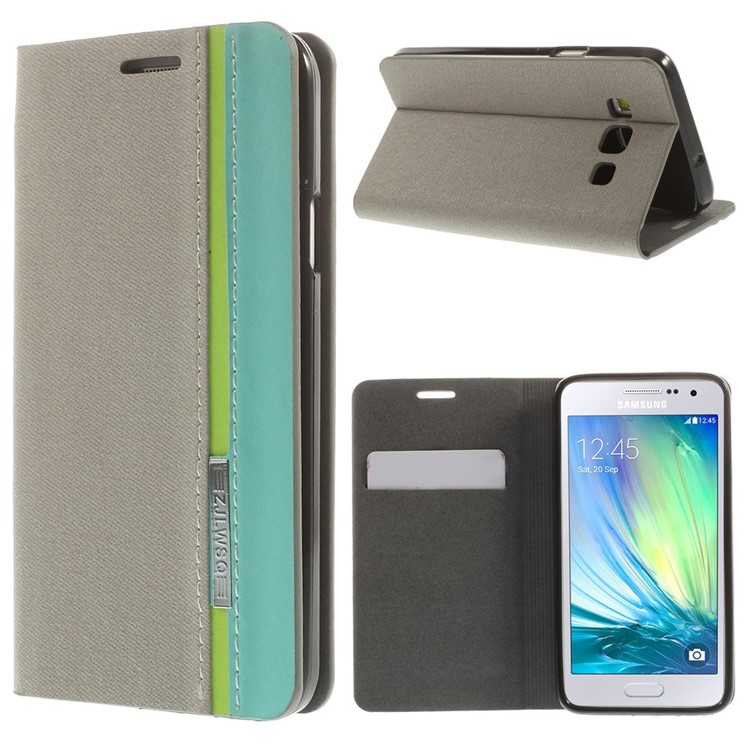Contrast Color Leather Card Holder Cover for Samsung Galaxy A3 A300F w/ Stand - Grey-1