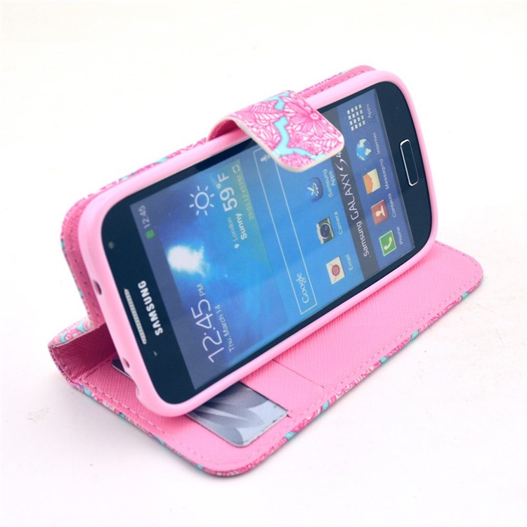 Pink Flowers Pattern Folio Magnetic Leather Wallet Stand Case Cover for Samsung Galaxy S4 mini-5