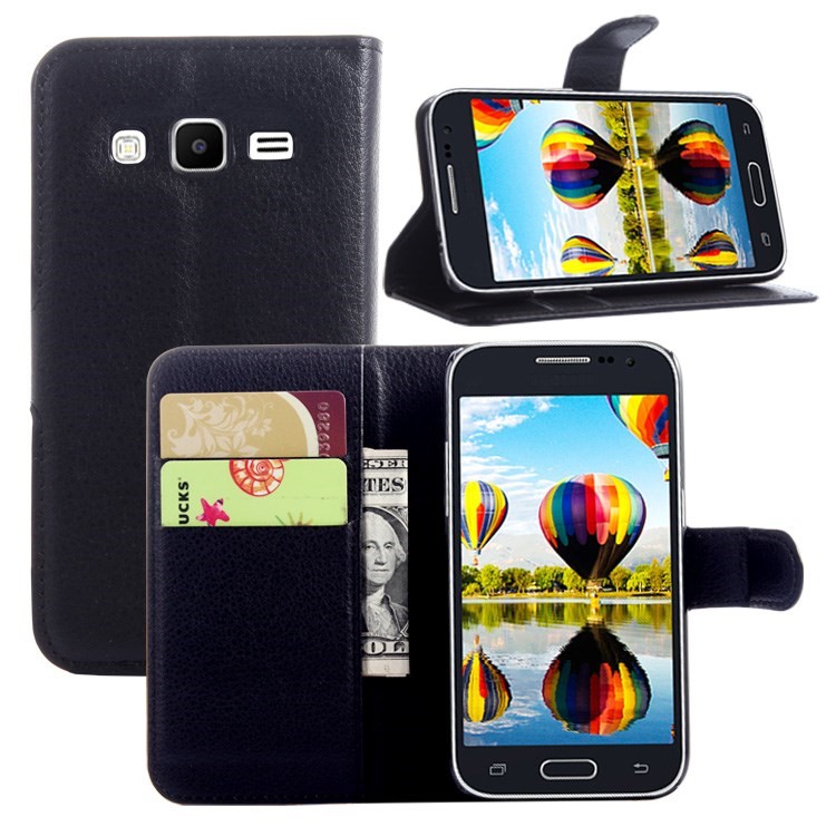 Lychee Grain Leather Case Flip Stand for Samsung Core Prime SM-G360 - Black-3