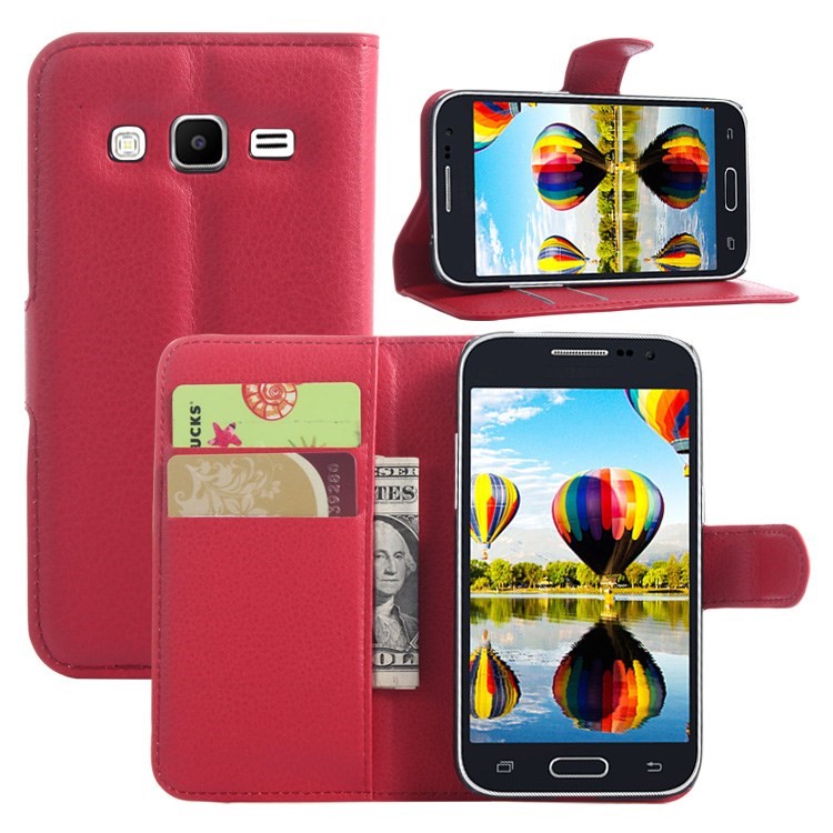Lychee Grain Leather Case Wallet Stand for Samsung Core Prime SM-G360 - Red-3