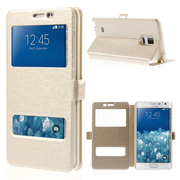 For Samsung Galaxy Note Edge N915A N915T Silk Texture Dual View Windows Leather Stand Shell - Champagne-1