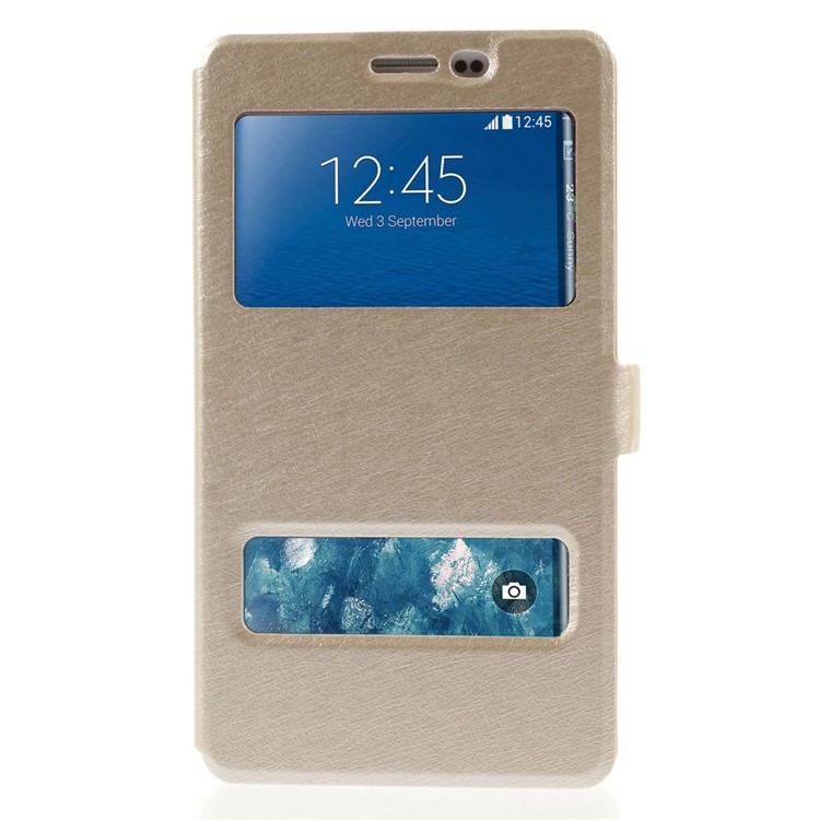 For Samsung Galaxy Note Edge N915A N915T Silk Texture Dual View Windows Leather Stand Shell - Champagne-3