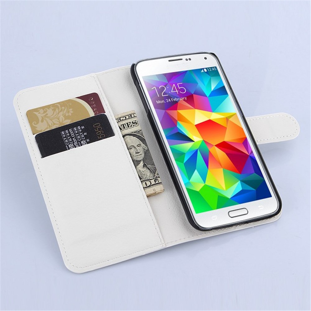 Litchi Grein Wallet Leather Case Para Samsung Galaxy S6 Com Stand - Branco-4