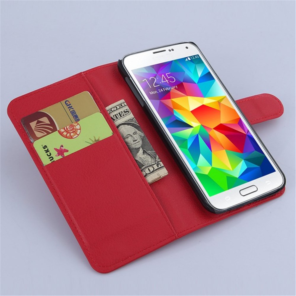 Litchi Grain Wallet Leather Shell for Samsung Galaxy S6 with Stand - Red-4