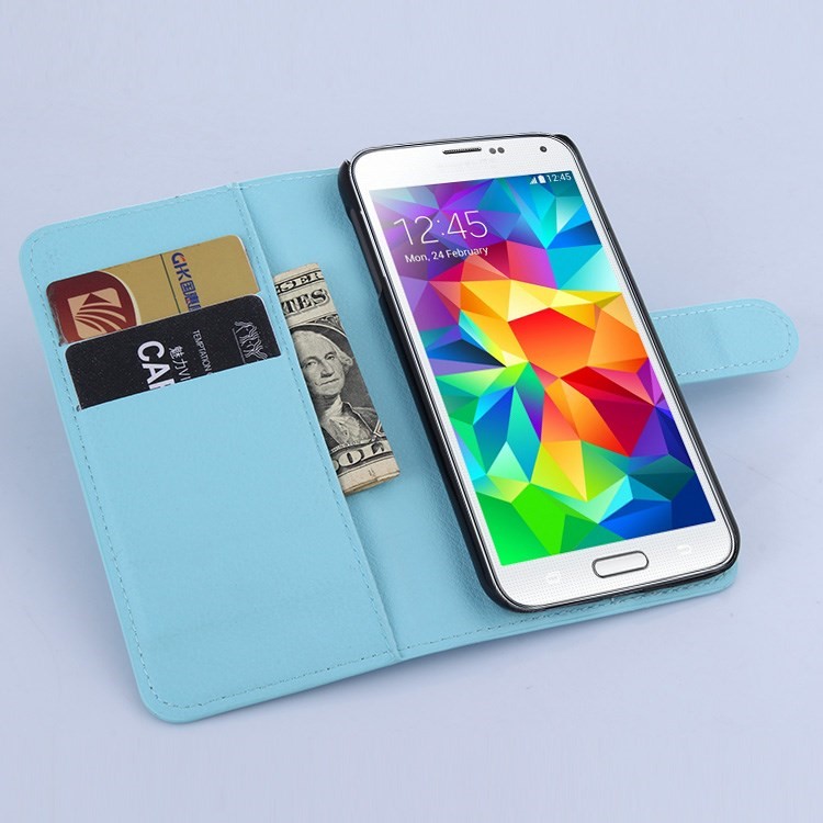 Litchi Grain Wallet Leather Case for Samsung Galaxy S6 with Stand - Blue-4
