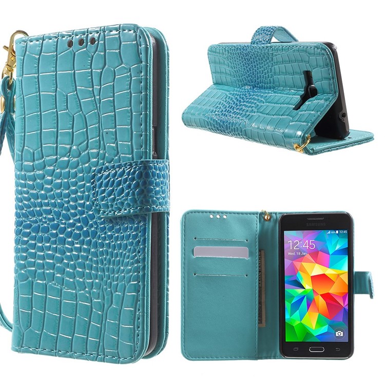 Cayman Texture Leather Stand Cover for Samsung Galaxy Grand Prime G530H with Lanyard - Blue-1
