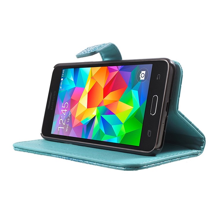 Cayman Texture Leather Stand Cover for Samsung Galaxy Grand Prime G530H with Lanyard - Blue-3