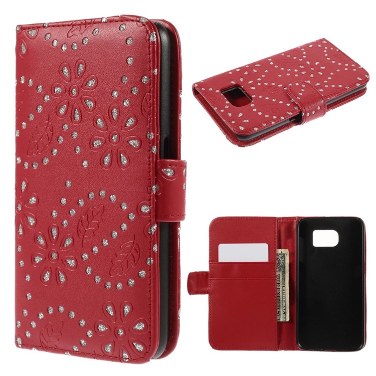 Glittery Powder Flower Wallet Leather Magnetic Case for Samsung Galaxy S6 SM-G920F - Red-1