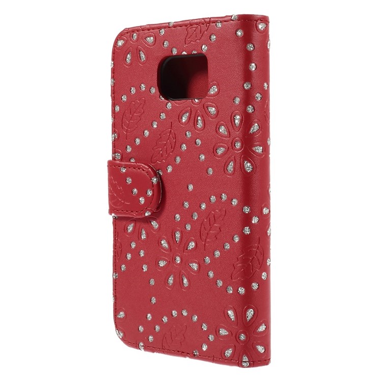 Glittery Powder Flower Wallet Leather Magnetic Case for Samsung Galaxy S6 SM-G920F - Red-2