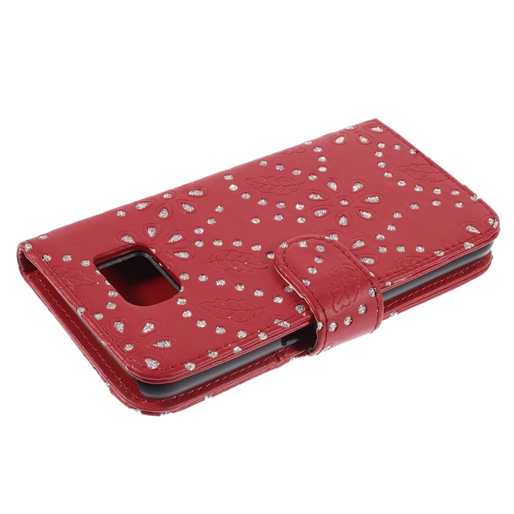 Glittery Powder Flower Wallet Leather Magnetic Case for Samsung Galaxy S6 SM-G920F - Red-5