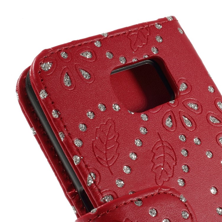 Glittery Powder Flower Wallet Leather Magnetic Case for Samsung Galaxy S6 SM-G920F - Red-7