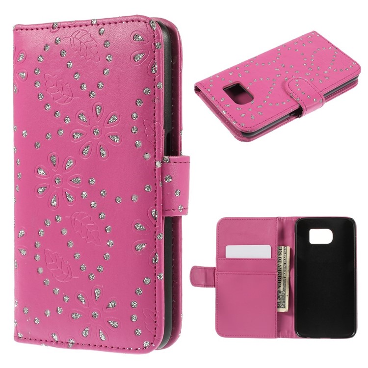 

Glittery Powder Flower Wallet Leather Magnetic Cover for Samsung Galaxy S6 SM-G920F - Rose