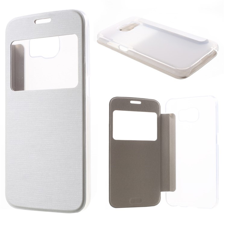 Window View Leather Folio Cover for Samsung Galaxy S6 G920 with Back Plastic Case - White-1