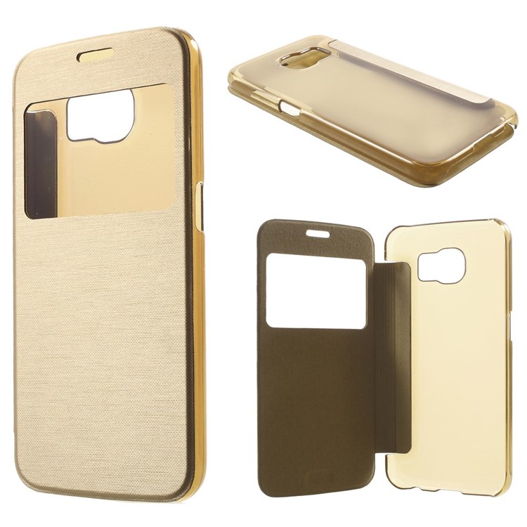 Window View Folio Leather Cover for Samsung Galaxy S6 G920 with Back Plastic Case - Gold-1