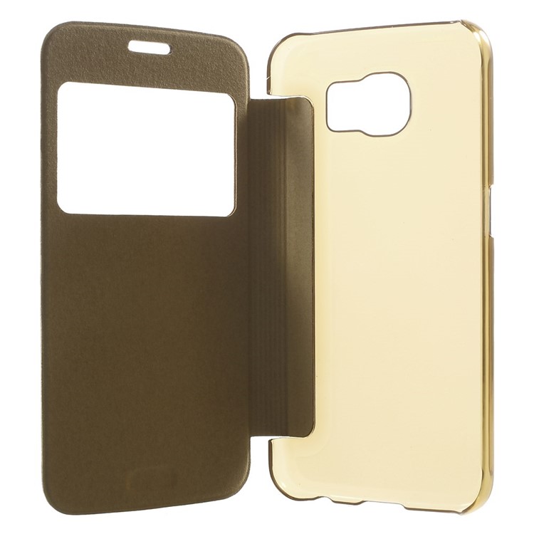 Window View Folio Leather Cover for Samsung Galaxy S6 G920 with Back Plastic Case - Gold-4