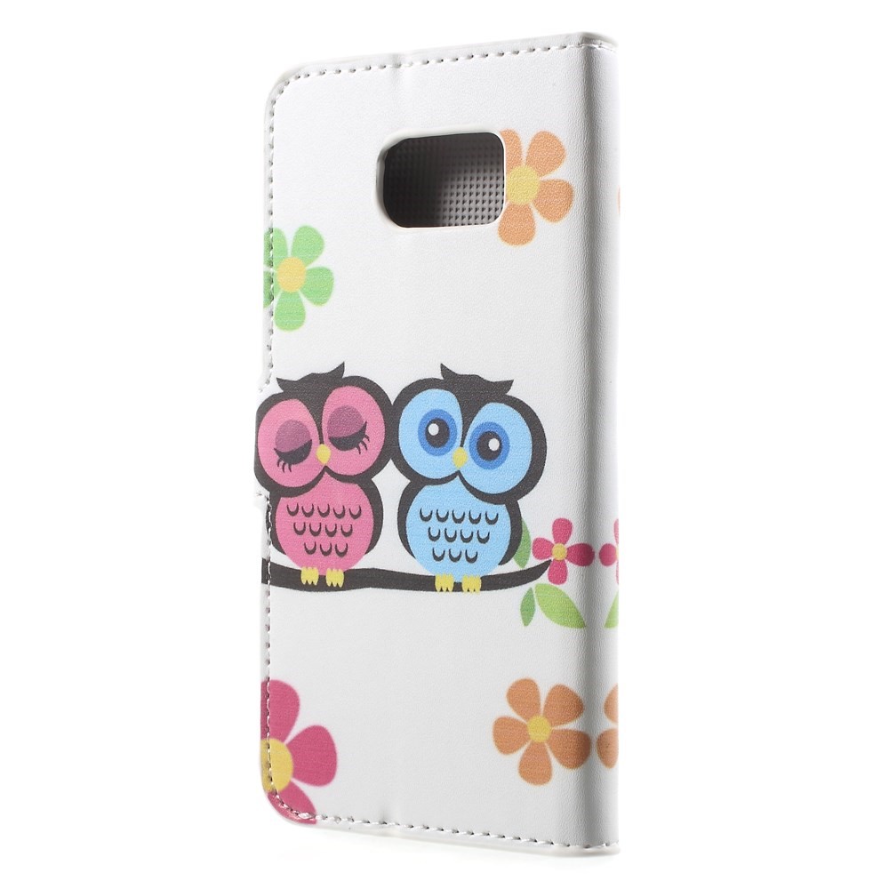 Caixa de Carteira de Couro Para Samsung Galaxy S6 G920 - Casal Corujas e Flores