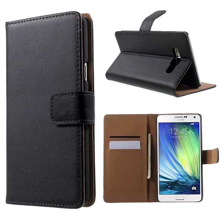 Genuine Split Leather Wallet Case for Samsung Galaxy A7 SM-A700F with Stand - Black-1