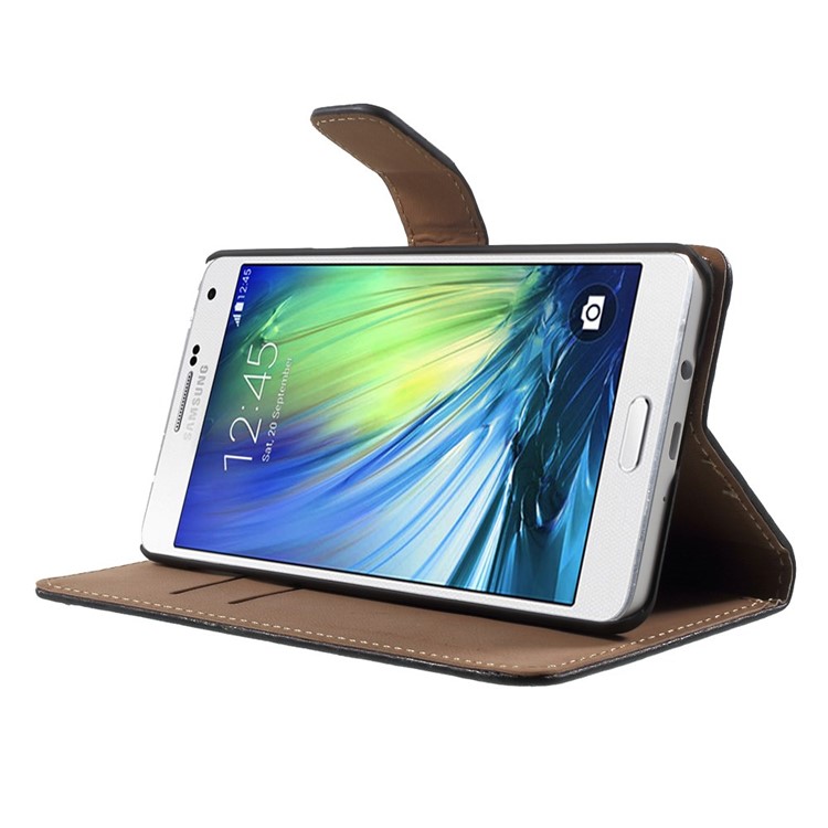 Genuine Split Leather Wallet Case for Samsung Galaxy A7 SM-A700F with Stand - Black-3