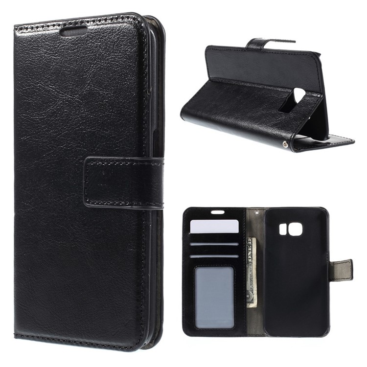 Crazy Horse Leather Wallet Cover for Samsung Galaxy S6 Edge SM-G925 - Black-1