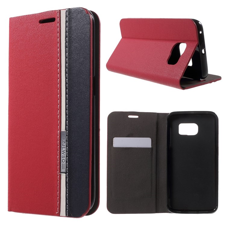 Contrast Color Leather Stand Case for Samsung Galaxy S6 Edge SM-G925 - Red-1