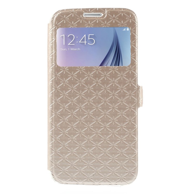 Diamond Lozenge Pattern Leather Card Holder Case for Samsung Galaxy S6 G920 Window View - Champagne-1