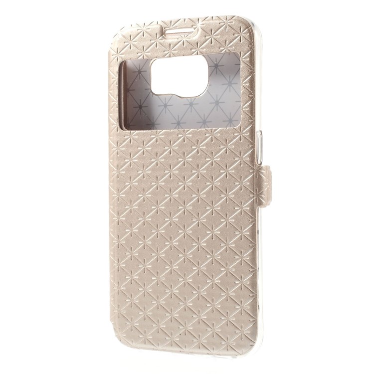 Diamond Lozenge Pattern Leather Card Holder Case for Samsung Galaxy S6 G920 Window View - Champagne-2
