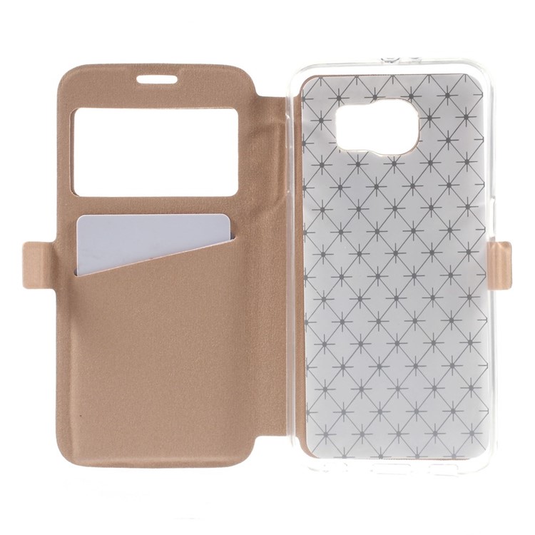 Diamond Lozenge Pattern Leather Card Holder Case for Samsung Galaxy S6 G920 Window View - Champagne-6