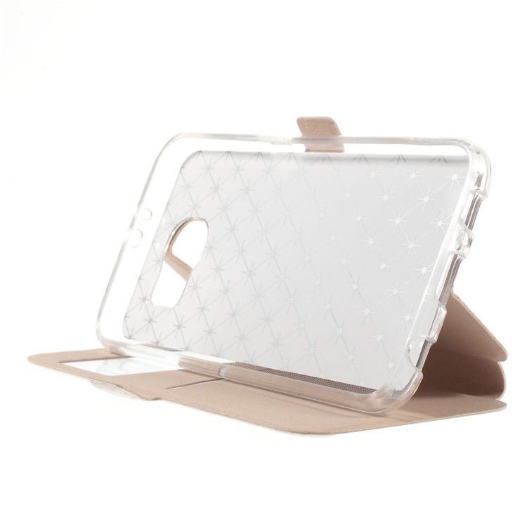 Diamond Lozenge Pattern Leather Card Holder Case for Samsung Galaxy S6 G920 Window View - Champagne-9