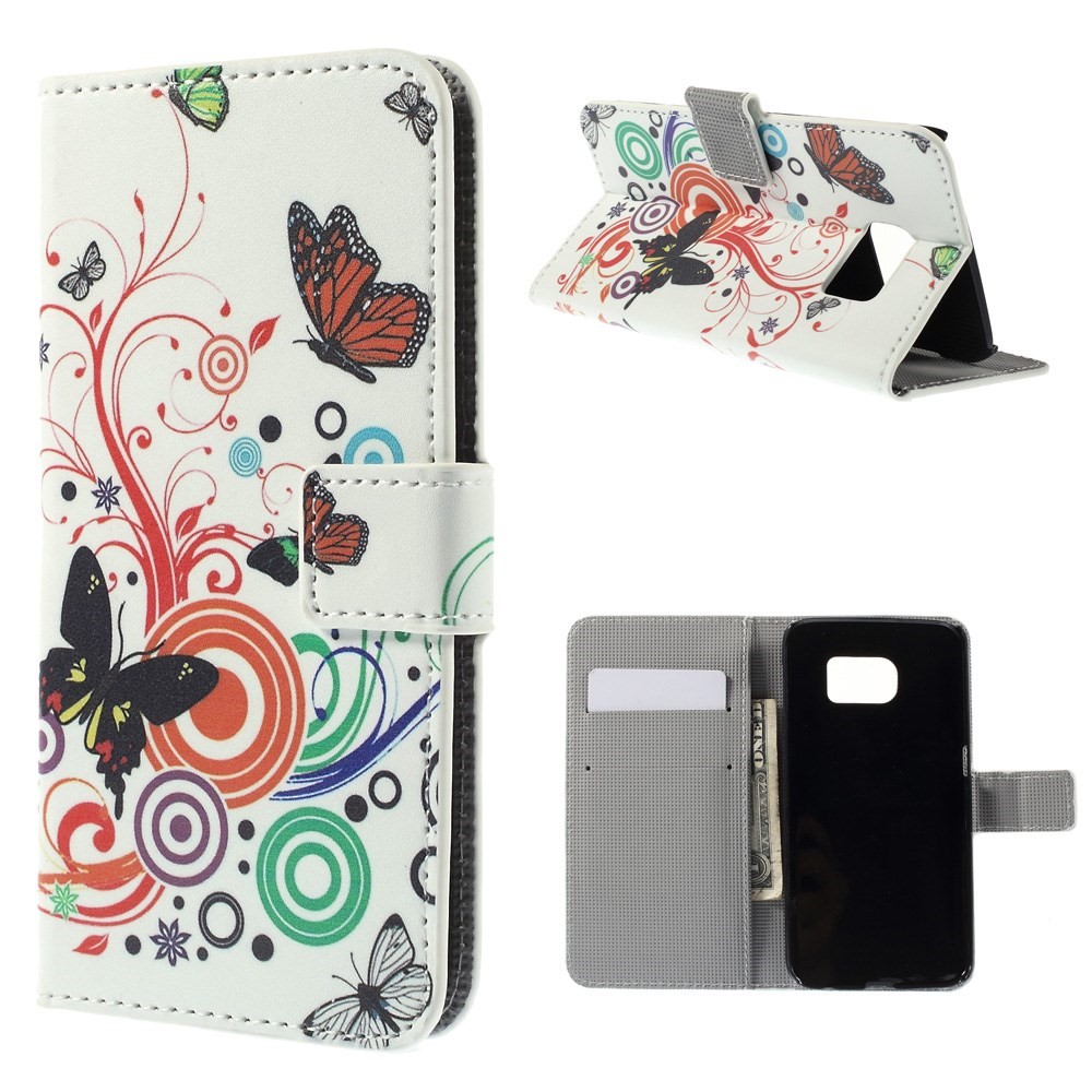 Leather Case Card Cash Holder for Samsung Galaxy S6 edge G925 - Butterflies and Circles-1