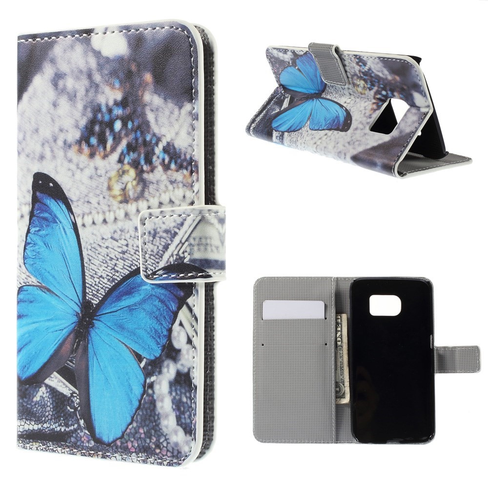 Magnetic Leather Stand Cover for Samsung Galaxy S6 edge G925 - Blue Butterfly-1
