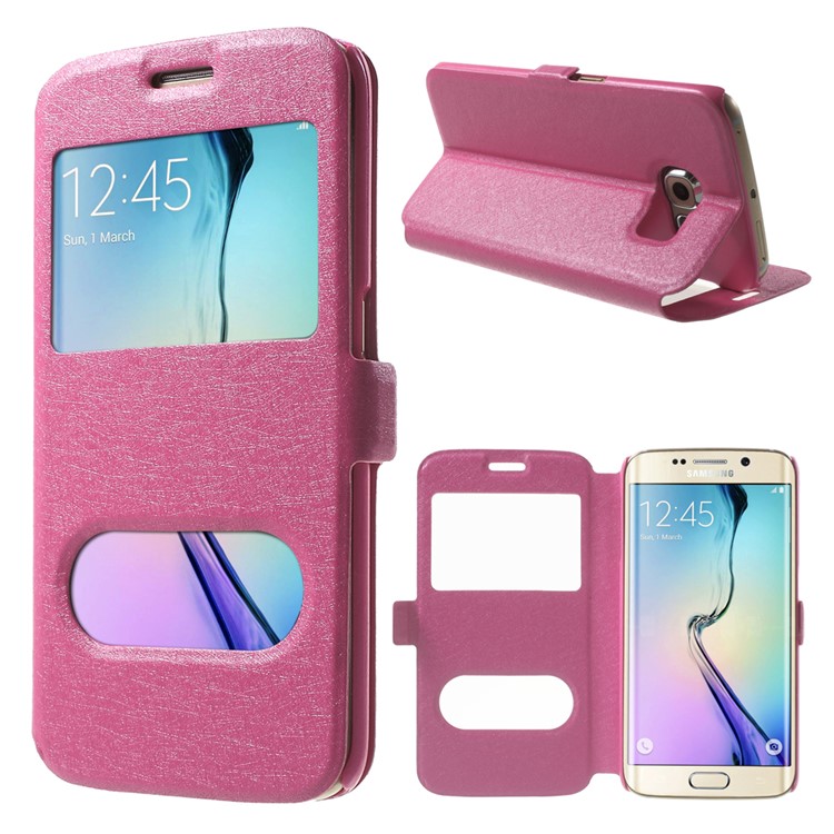Silk Texture Leather Cover for Samsung Galaxy S6 edge G925 with Dual View Windows - Rose-1